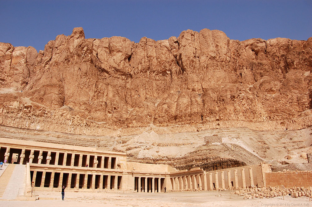 This is a photo of Deir el-Bahari against the cliffs.  This was the mortuary temple of Queen Hatshepsut of Dynasty 18.  The temple is located in West Thebes next door to the Middle Kingdom temple of Montuhotep.  When one visits Deir el-Bahari, one immediately notices the cliffs looming overhead.  I wanted to capture the magnitude of the cliffs compared to the temple.